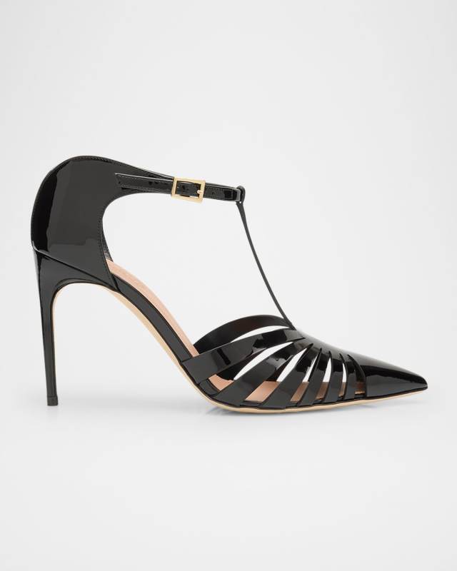 Jennifer Caged Patent Leather T-Strap Pumps
